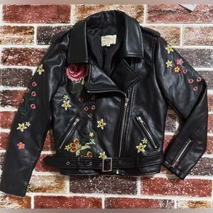 Hannah Banana Girls size 10 floral embroidered faux leather motorcycle jacket